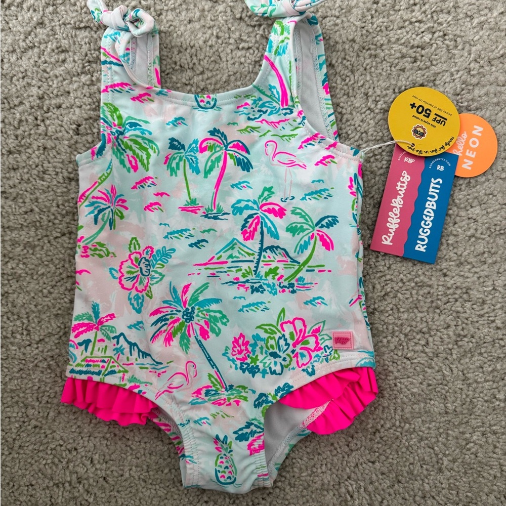 Ruffle Butts Pink and Green One Piece Swimsuit with Ruffles